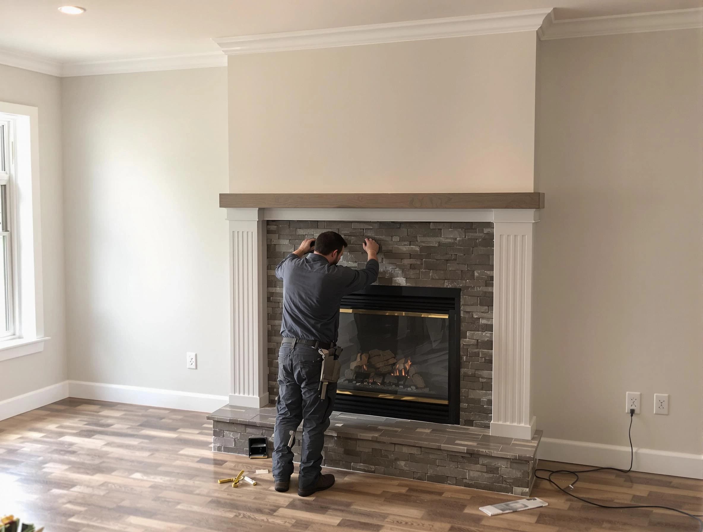 North Providence Chimney Sweep finishing a custom fireplace install in North Providence, RI