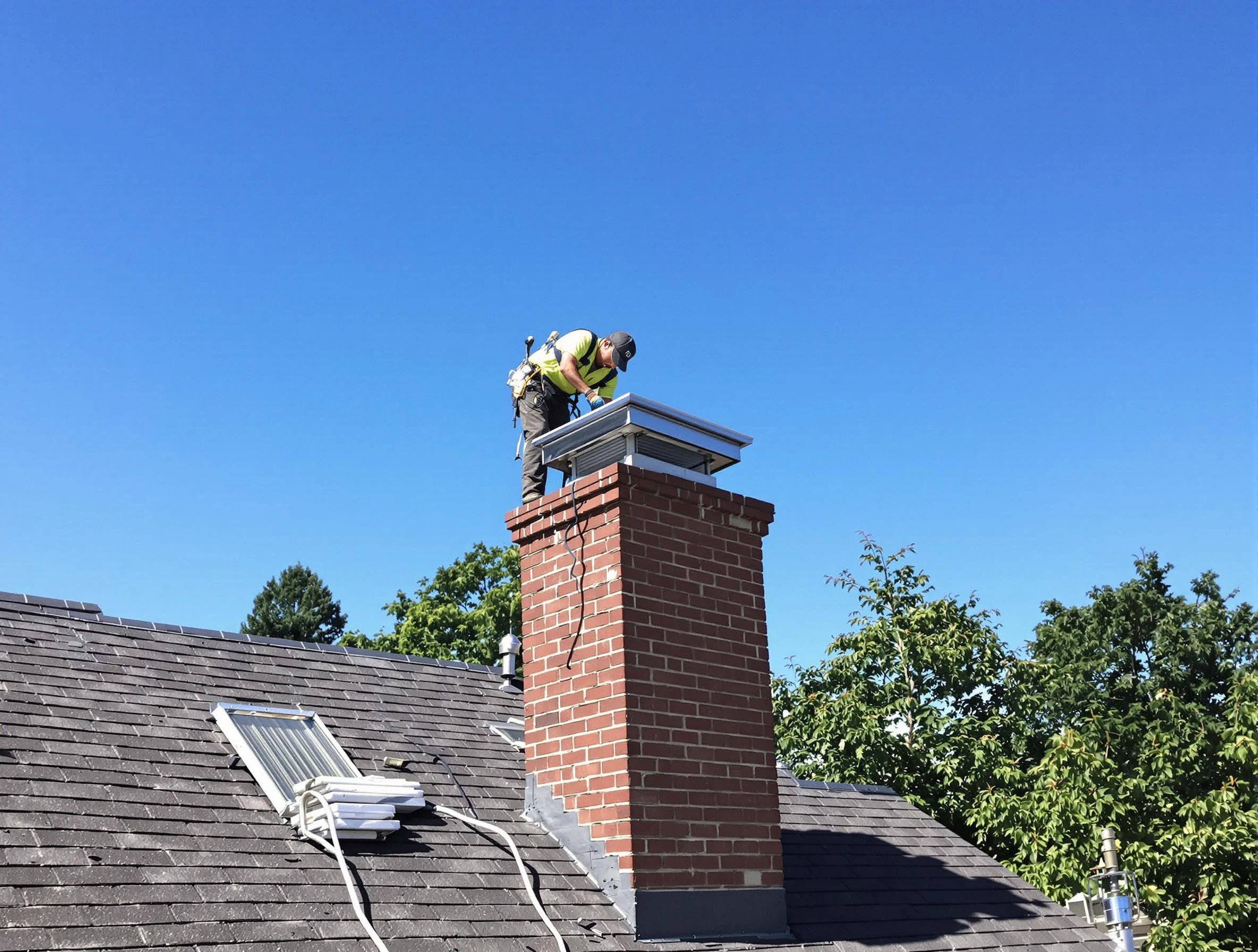 North Providence Chimney Sweep technician measuring a chimney cap in North Providence, RI