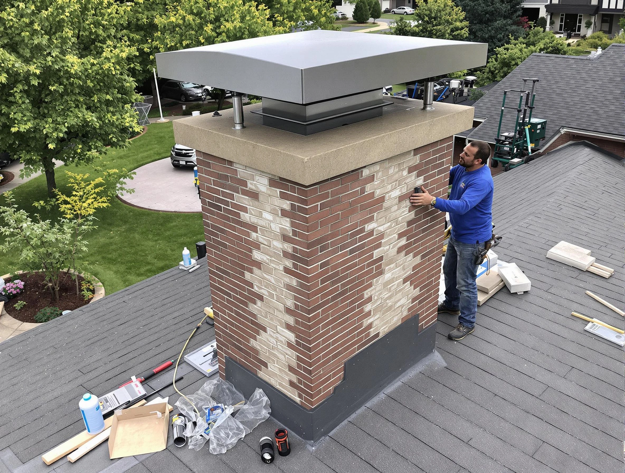 North Providence Chimney Sweep team working on a custom chimney remodel in North Providence, RI